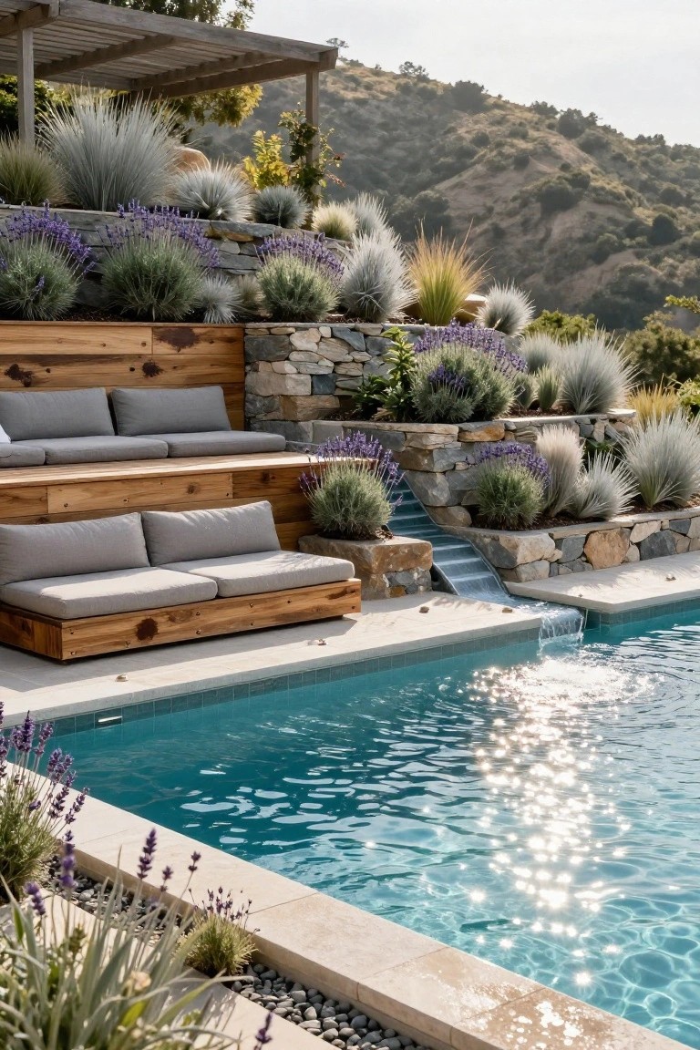 Tiered wooden benches with gray cushions step down beside a turquoise pool, with a small waterfall flowing from stone steps into the water, surrounded by lavender plants, grasses, and stone retaining walls on a hillside.