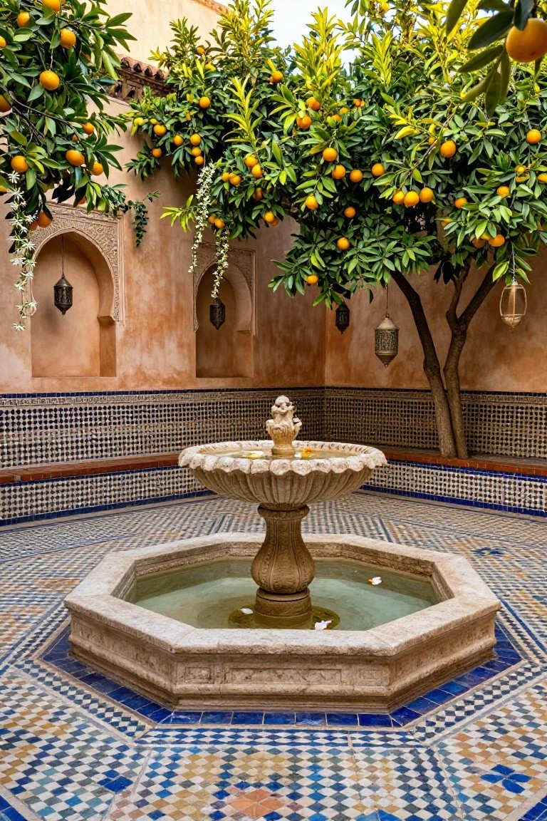 Octagonal stone fountain with lion-head spouts and lily pads in a courtyard paved with intricate blue, white, and terracotta mosaic tiles, surrounded by orange trees heavy with fruit and arched walls with hanging lanterns.