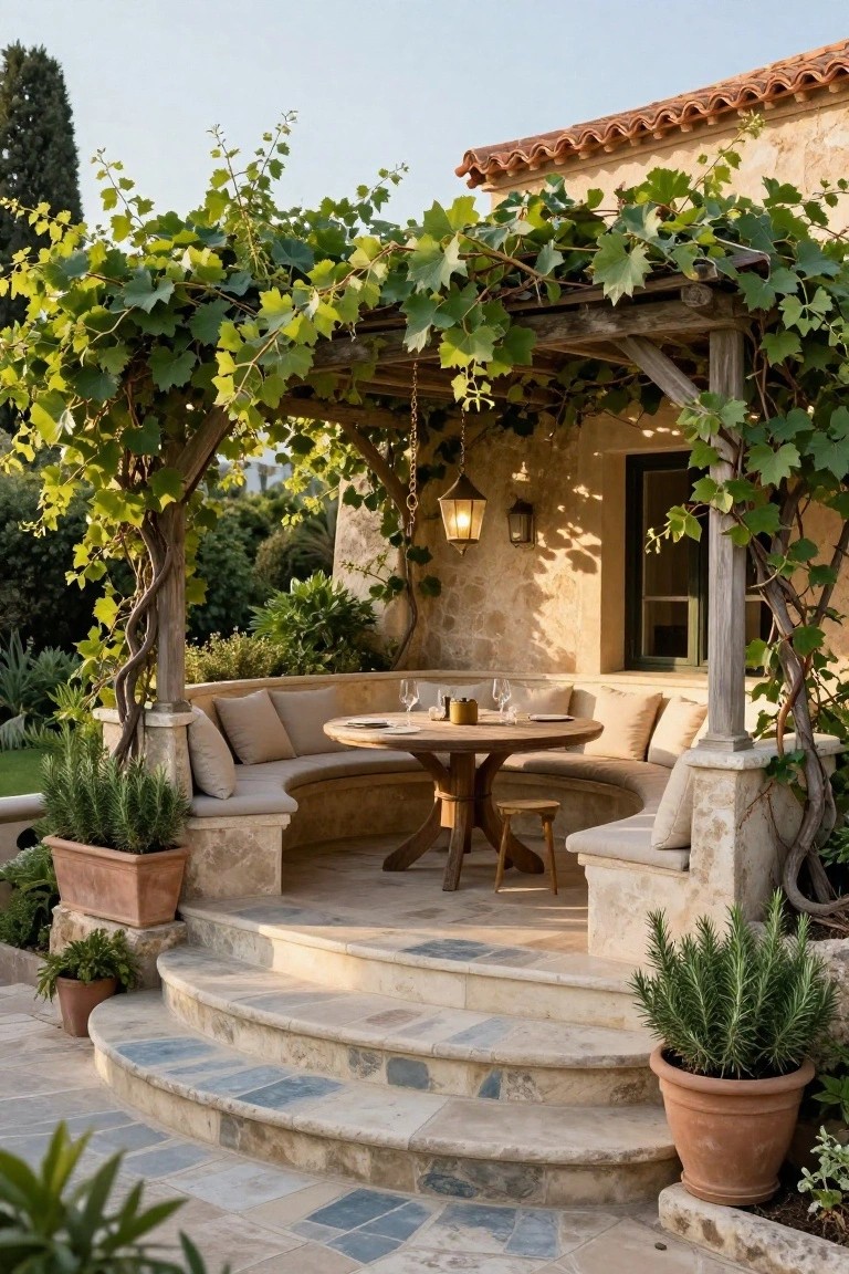 Curved cushioned bench seating around a round wooden table under a wooden pergola covered in green grapevine leaves, next to a beige stucco house wall with a window, stone steps below and potted plants nearby.