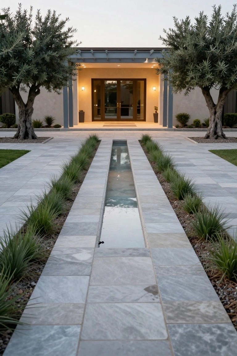 Gray stone pavers form a walkway with a central linear water channel edged by ornamental grasses, leading to a modern house entrance flanked by olive trees and lawn.