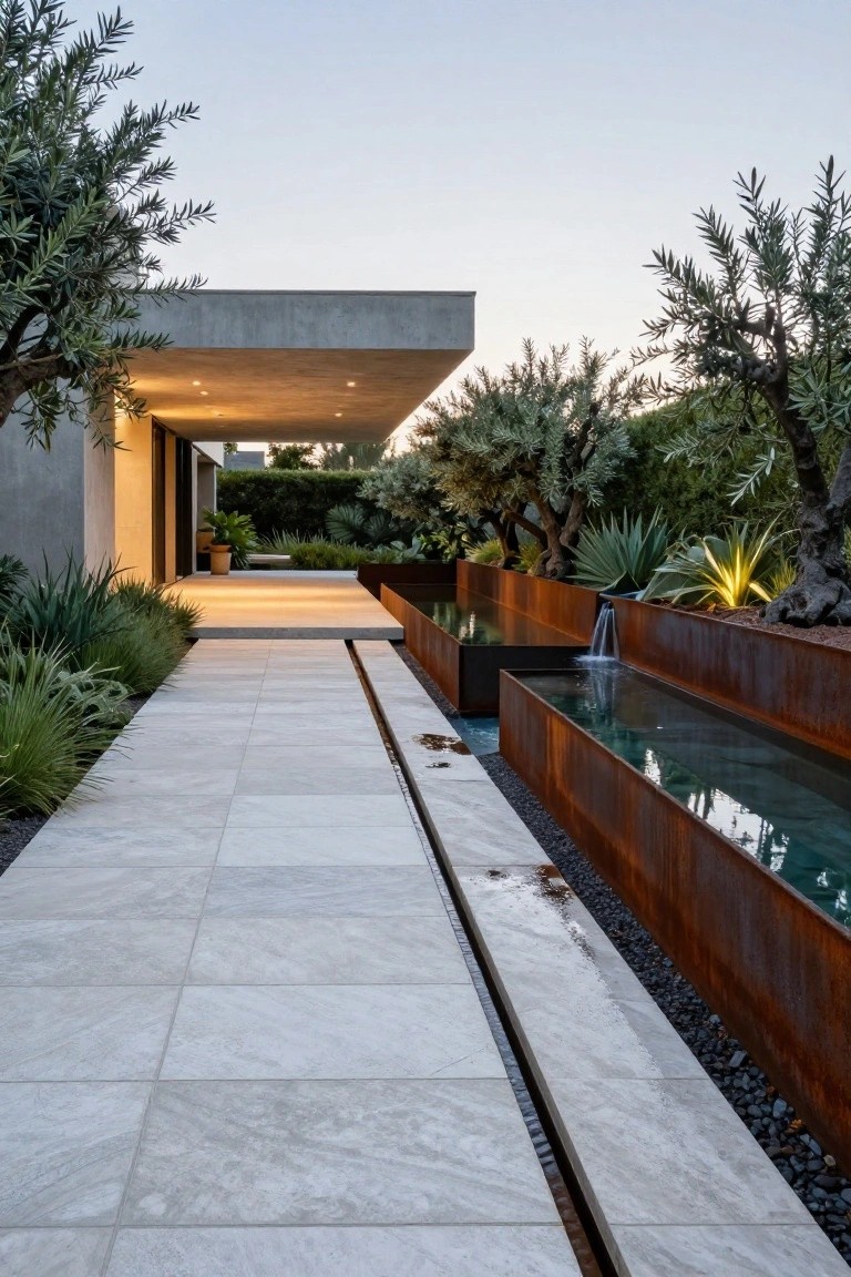 White stone pathway leading to a modern concrete house, flanked by long narrow corten steel-edged reflecting pools with a small waterfall, surrounded by olive trees and agave plants.