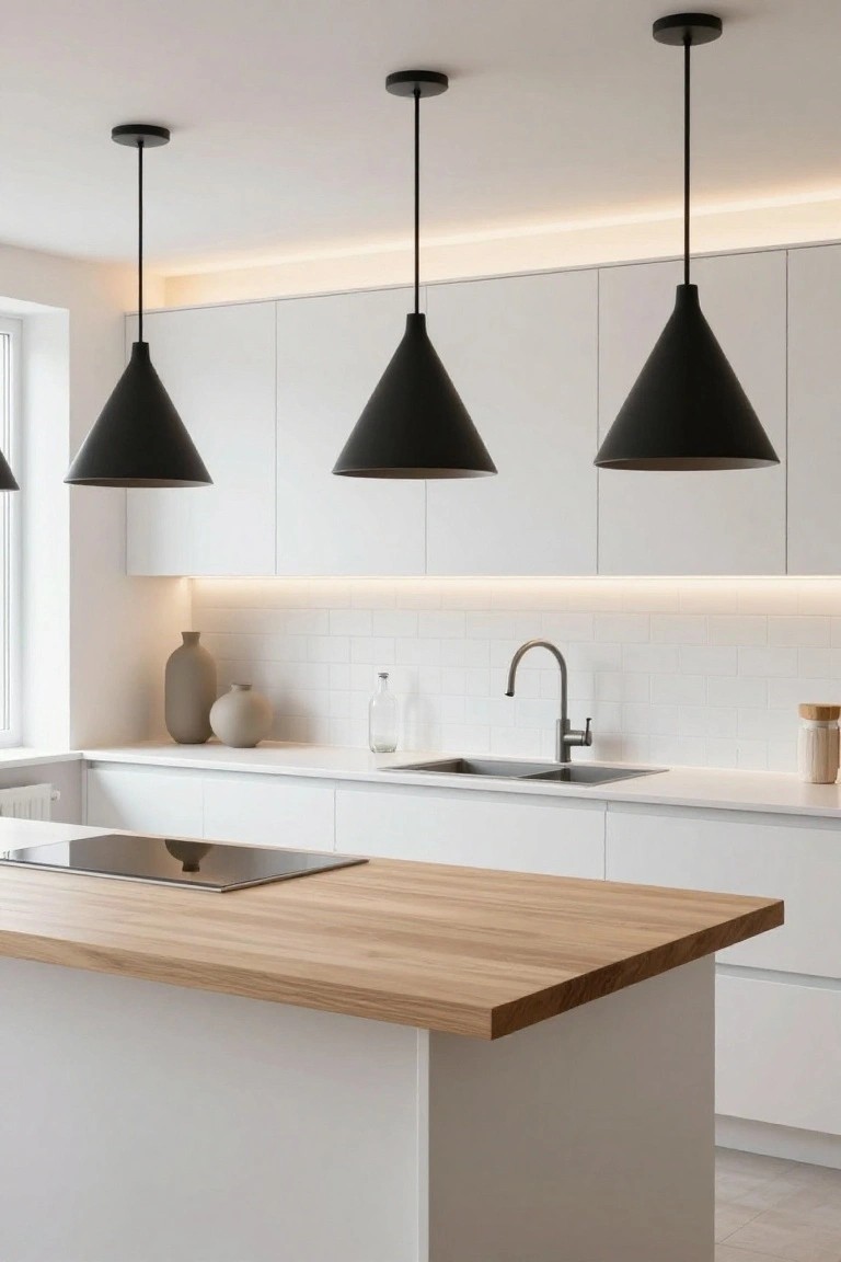 Modern white kitchen with three suspended black cone-shaped pendant lights over a light oak island, under-cabinet LED strips, white subway tile backsplash, double sink with gooseneck faucet, and window on the left side.