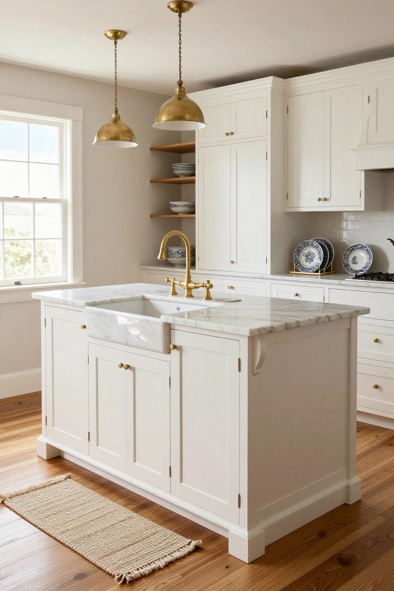 White Shaker-style kitchen with marble island, white farmhouse sink, gold brass pendant lights hanging above, gold faucet, open wood shelves with blue and white plates, and beige walls.
