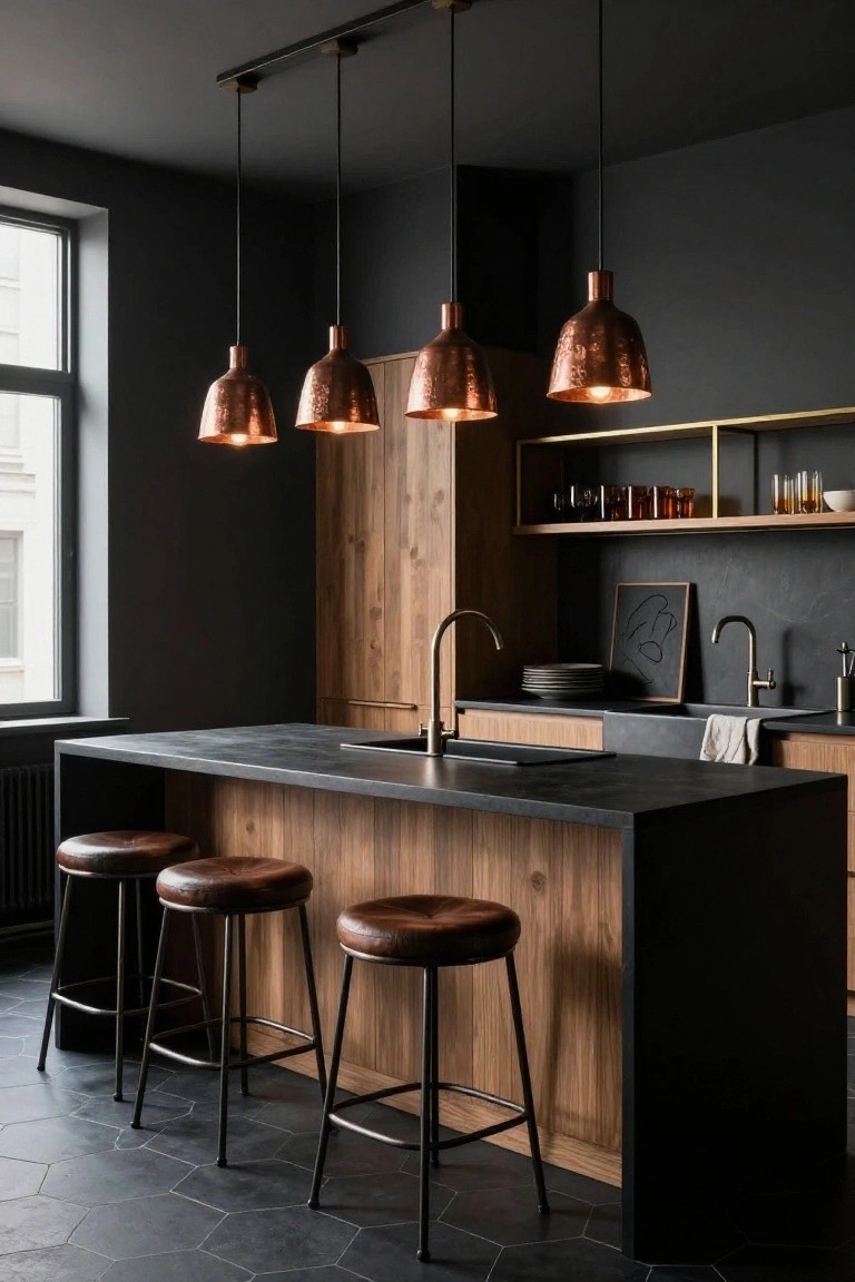 Modern kitchen interior featuring a black stone island with wooden base, brown leather bar stools, wooden cabinets, brass faucets, open shelving with glassware, and five hammered copper pendant lights hanging above the island, with dark gray walls, black hexagonal floor tiles, and a large window.