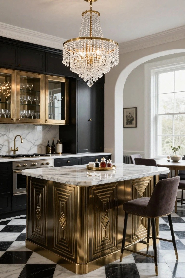 Luxury kitchen interior with black cabinets, gold-trimmed island topped in white marble, black and white checkered tile floor, brass details, and a large crystal chandelier hanging centrally over the island.