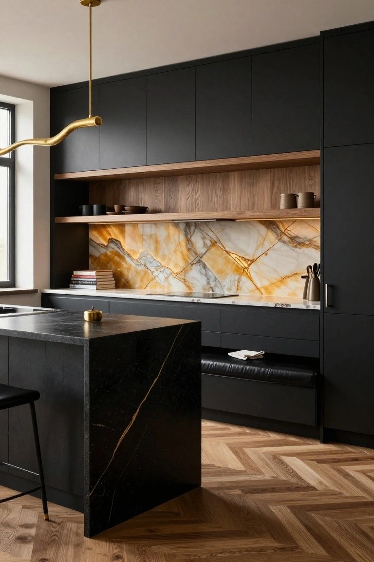 Modern kitchen interior with black matte cabinets, black veined marble island and counters, orange and white veined marble backsplash, open wood shelves with ceramics, curved brass pendant light, black stools, and herringbone wood floors.