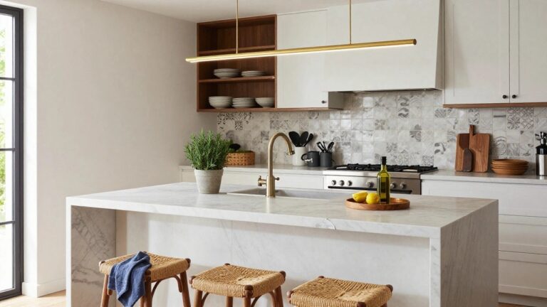 24 Luxury Kitchen Lighting Ideas That Instantly Change the Mood A luxury kitchen interior with a white marble island, two rattan bar stools with wood legs, a long slim gold linear pendant light suspended above the island, blue mosaic tile backsplash, farmhouse sink, and glass-door wine fridge.