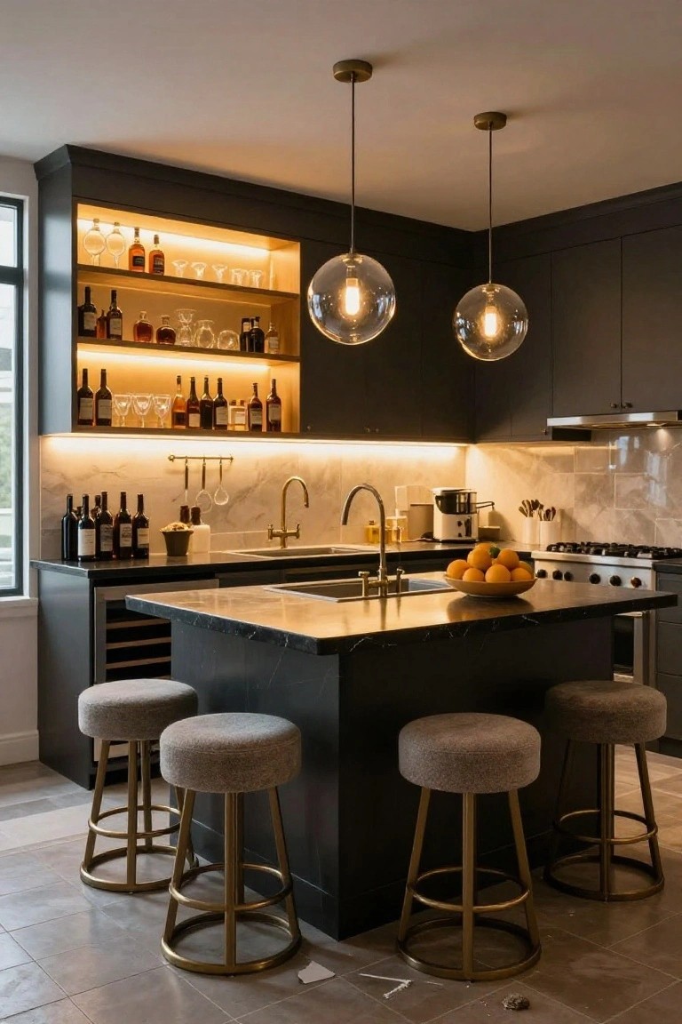 Modern kitchen interior with dark cabinets, backlit liquor shelves glowing warm yellow, marble island topped with oranges and holding a sink, gold stools, and three large clear glass globe pendant lights hanging overhead.