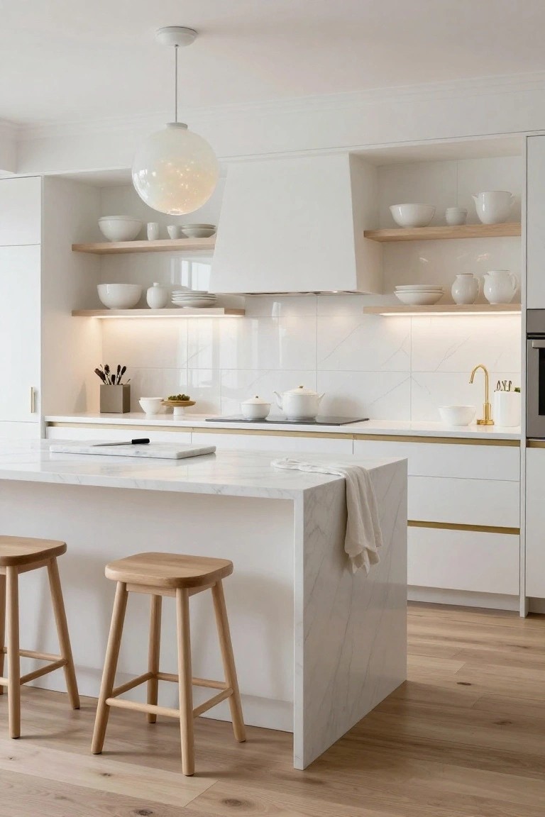 Modern white kitchen with large white globe pendant light over marble island, wooden bar stools, open white shelving with ceramics, gold faucet, and induction cooktop.