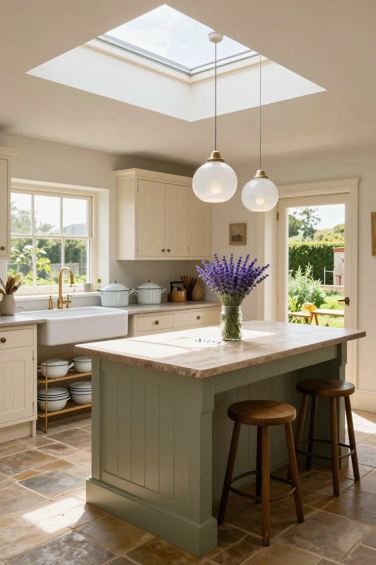 Bright kitchen with cream cabinets, green paneled island, two wooden stools, white farmhouse sink, skylight ceiling, two white globe pendant lights over island, lavender bouquet, and garden views through windows and door.