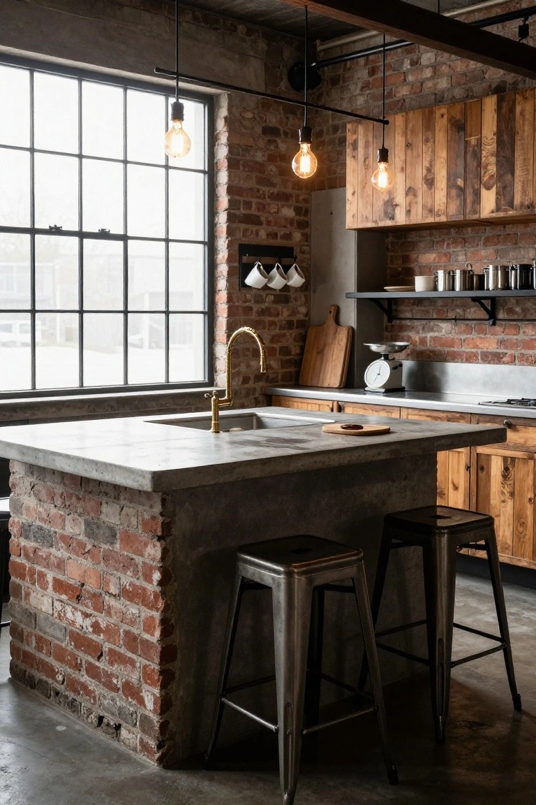 Industrial kitchen with exposed brick walls, wooden cabinets, stainless steel counters, concrete island, gold faucet, hanging exposed filament bulb pendants, wooden cutting boards, and metal bar stools.
