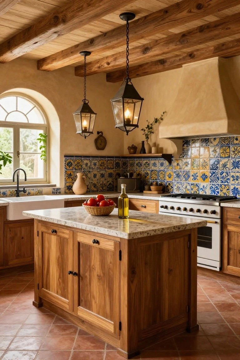 Rustic kitchen with exposed wooden ceiling beams, two black metal lantern pendant lights hanging over a wooden island countertop, blue and yellow tile backsplash, farmhouse sink, arched window with plants, and terracotta floor tiles.