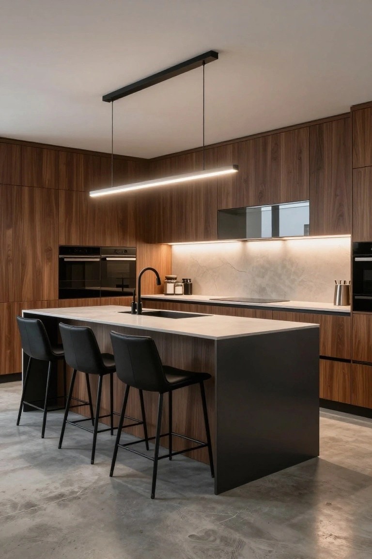 Modern kitchen interior with walnut cabinets, white marble island and counters, black leather barstools, polished concrete floor, linear LED pendant light overhead, and under-cabinet LED strips.