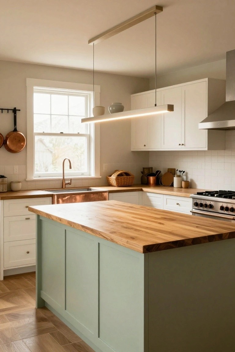 Modern kitchen with white cabinets, sage green island topped with butcher block, copper farmhouse sink under a window, stainless steel range, and a long slim linear pendant light hanging above the island.