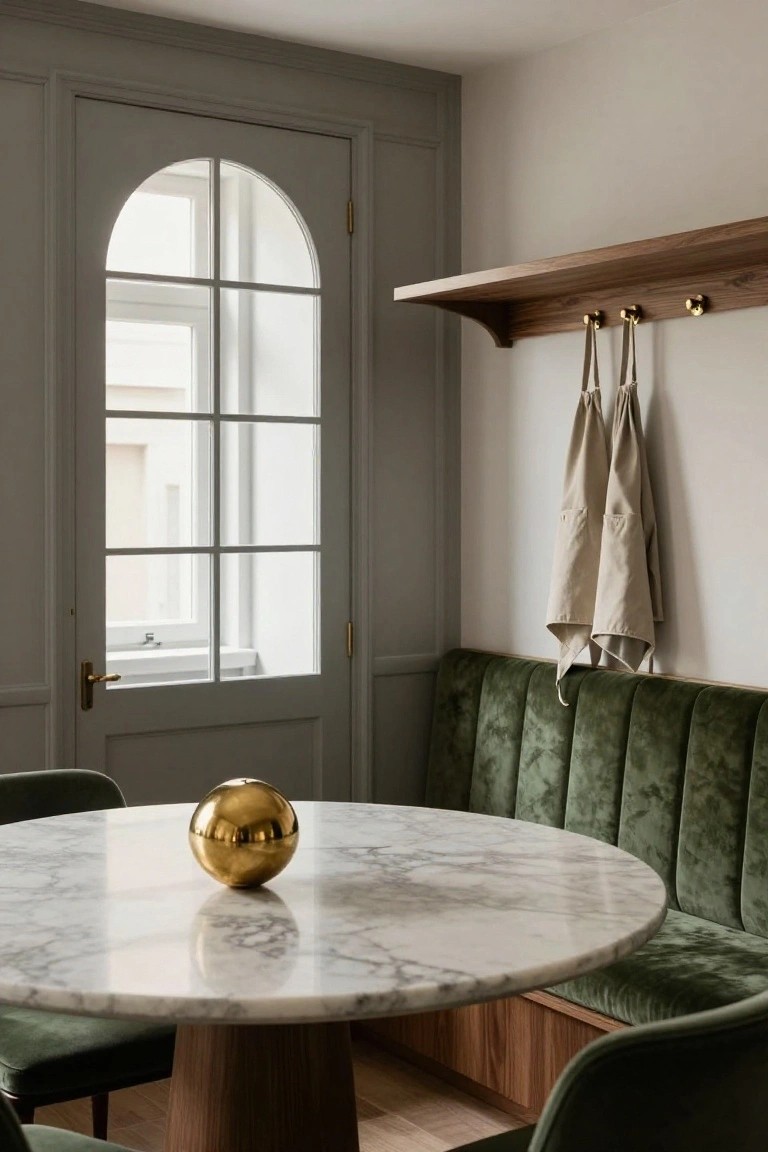 Kitchen banquette nook with green velvet tufted bench seating around a round white marble table topped with a gold orb, green upholstered chairs, wooden shelf with hanging beige aprons, and arched multi-pane window door to the side.