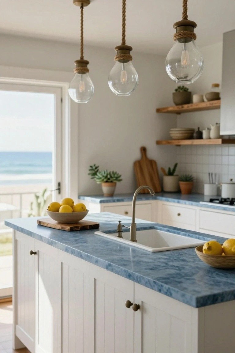 Coastal kitchen interior with white shaker-style cabinets, blue veined quartz countertops, wooden cutting boards and lemons on the island, three rope-wrapped glass pendant lights hanging above, and glass doors opening to ocean view.