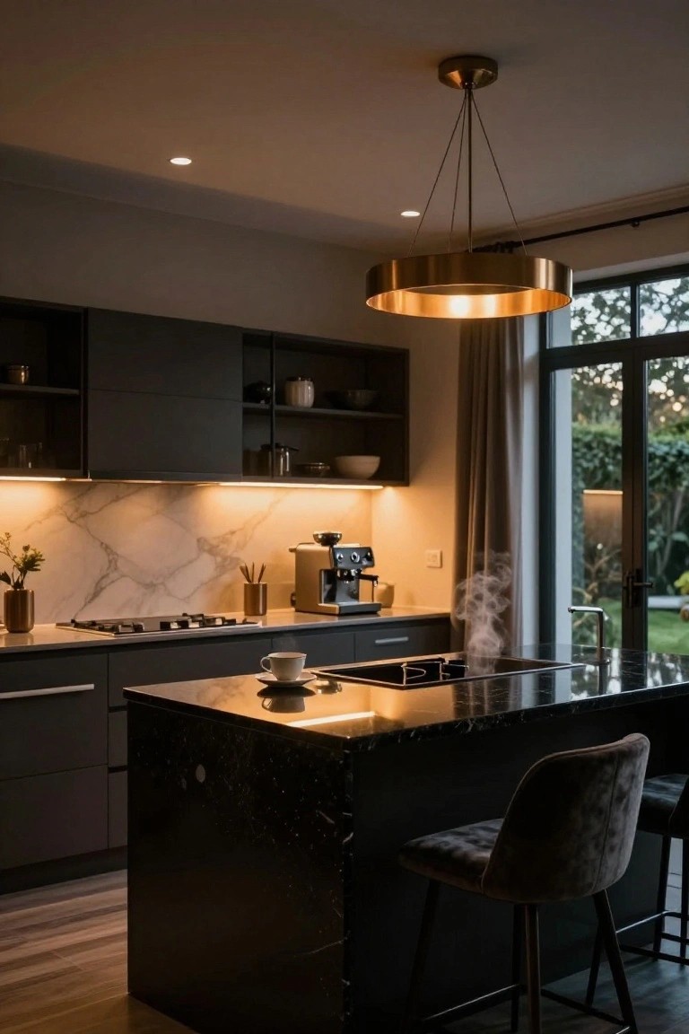 Modern kitchen interior with dark cabinets, black marble island and counters, gold circular pendant light overhead, marble backsplash with under-cabinet lighting, espresso machine, and glass doors to garden.