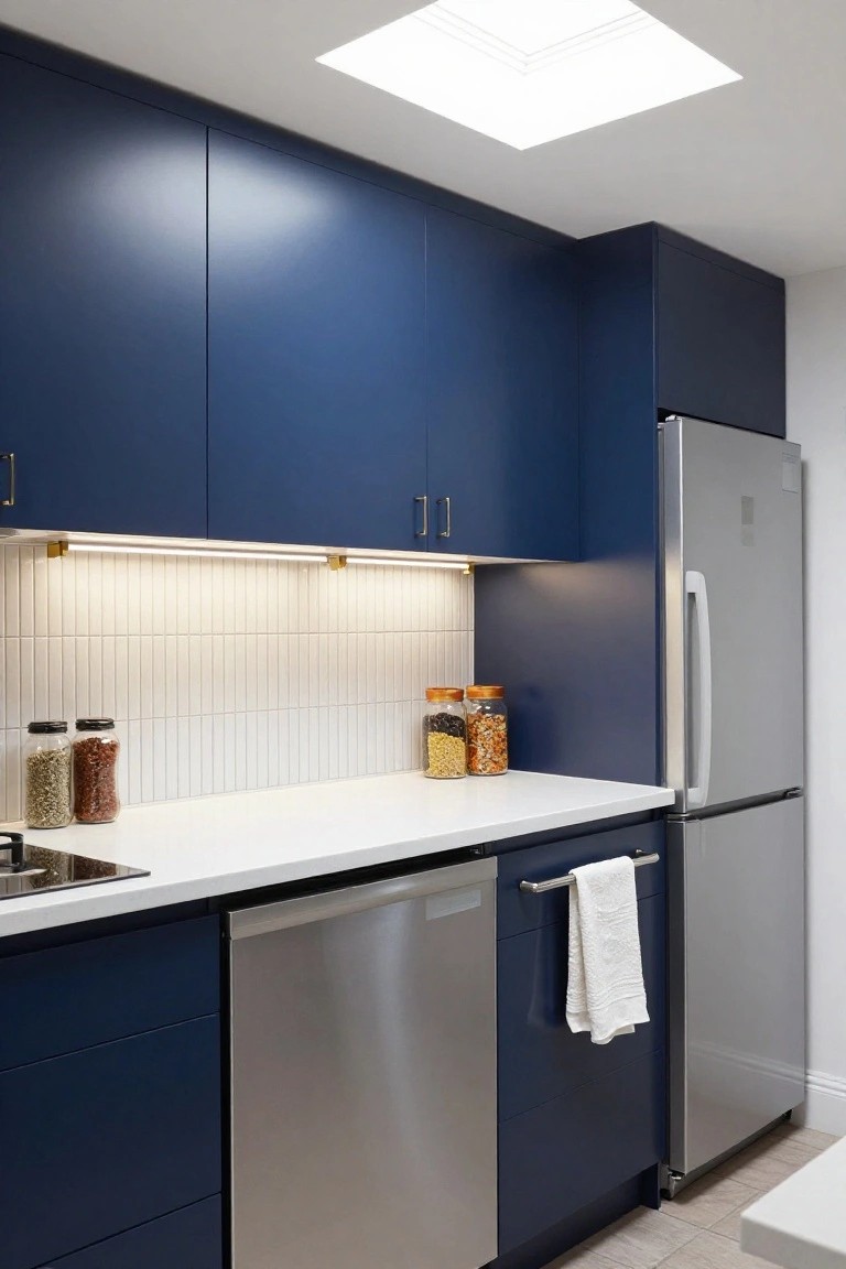 Kitchen with navy blue cabinets, white subway tile backsplash lit by slim LED strips on brass brackets under cabinets, white quartz countertop, stainless steel dishwasher and fridge.