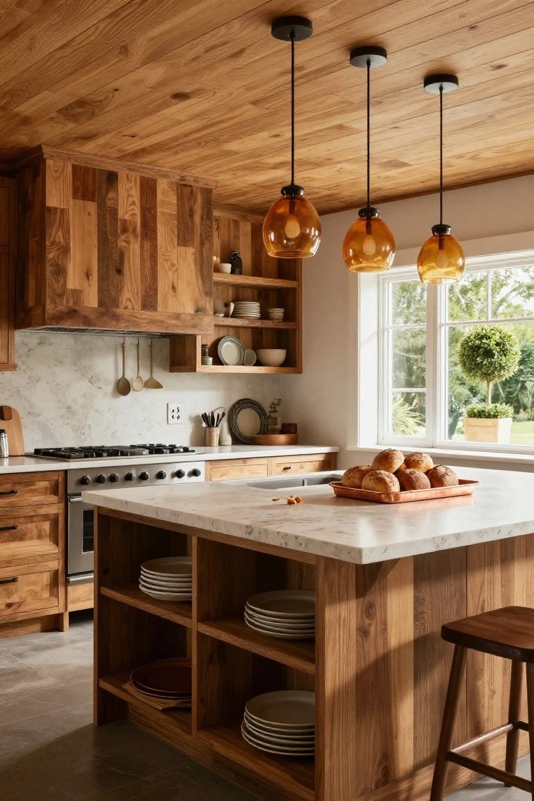 Wooden kitchen interior with three amber glass pendant lights hanging from the ceiling above a white marble island holding a tray of bread rolls, surrounded by wooden cabinets, open shelves, and a window.