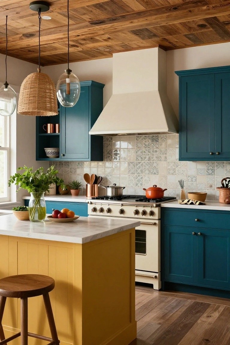 Kitchen interior with navy cabinets, yellow island topped with marble, white range stove, blue and white tiled backsplash, wooden ceiling beams, and two hanging pendant lights including a woven rattan shade and a clear glass globe.