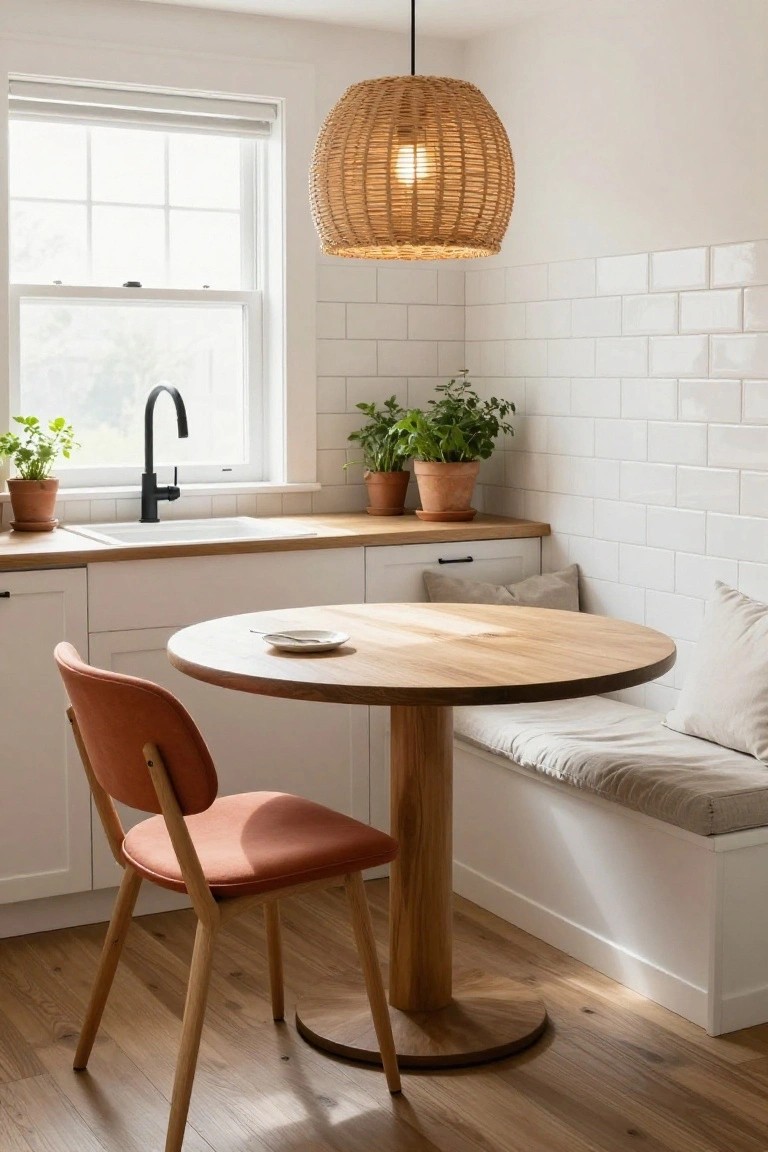 Kitchen corner with white subway tile walls, wooden countertop and cabinets, black gooseneck faucet, potted plants, round oak pedestal table, orange curved-back chair, white built-in bench with beige cushions, and rattan pendant light.