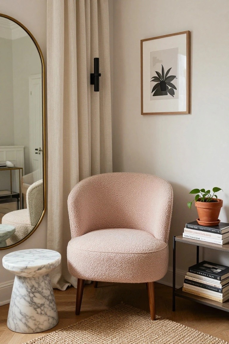 Pink boucle armchair in a room corner next to a white marble pedestal stool, black metal shelf holding stacked books and a potted plant, large arched gold mirror, beige linen curtains, and neutral walls with wood flooring.