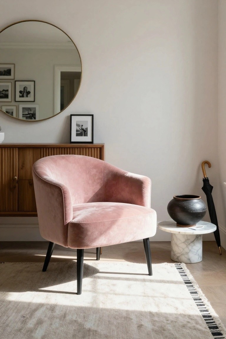 A curved blush pink velvet armchair with black legs sits in a light entryway next to a wooden credenza with slatted doors, a large brass-framed round mirror on the wall, and a marble side table holding a black ceramic vase and black umbrella.