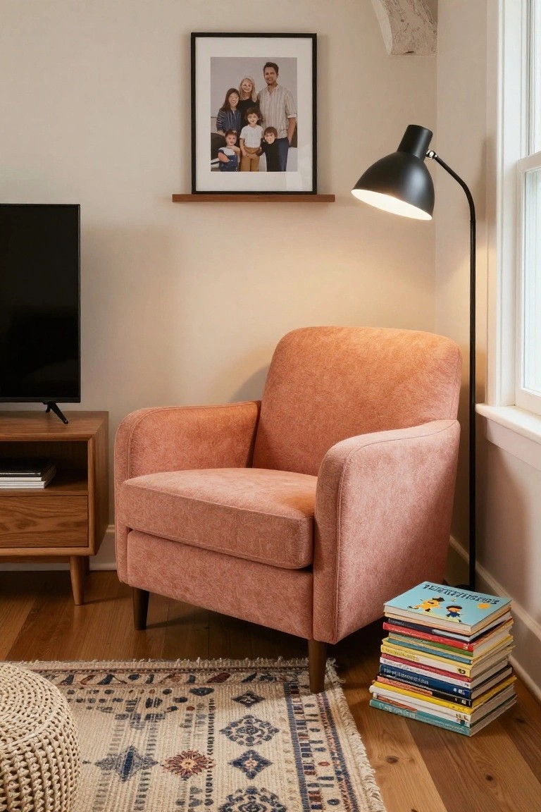 Burnt orange upholstered armchair in a living room corner beside a wooden TV stand holding a turned-off television, with a black arc lamp, stack of colorful children's books on the hardwood floor, woven rug, and framed family photo on the wall above a wooden shelf.