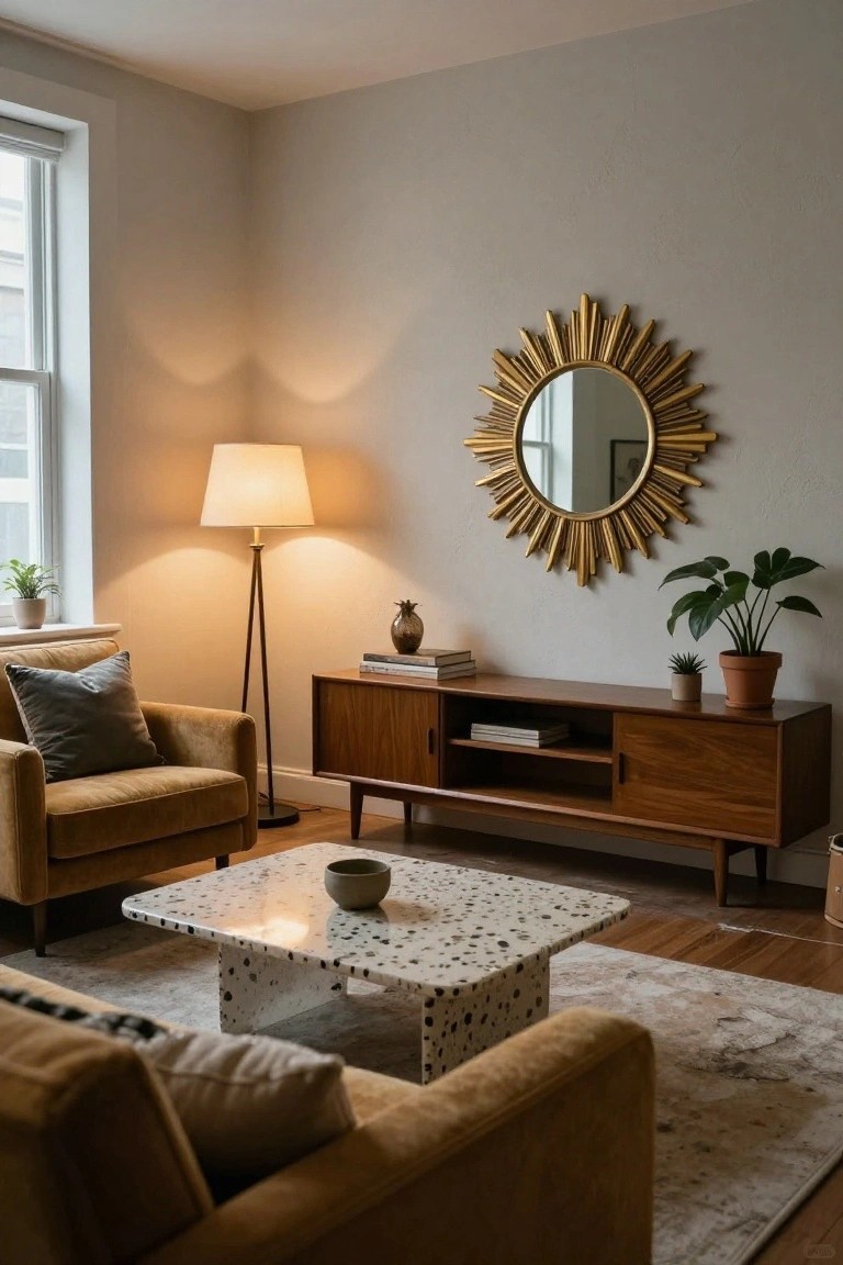 Living room corner with two tan upholstered armchairs beside a wooden credenza, white terrazzo coffee table, tripod floor lamp, gold sunburst mirror, and potted plants on a light gray wall.