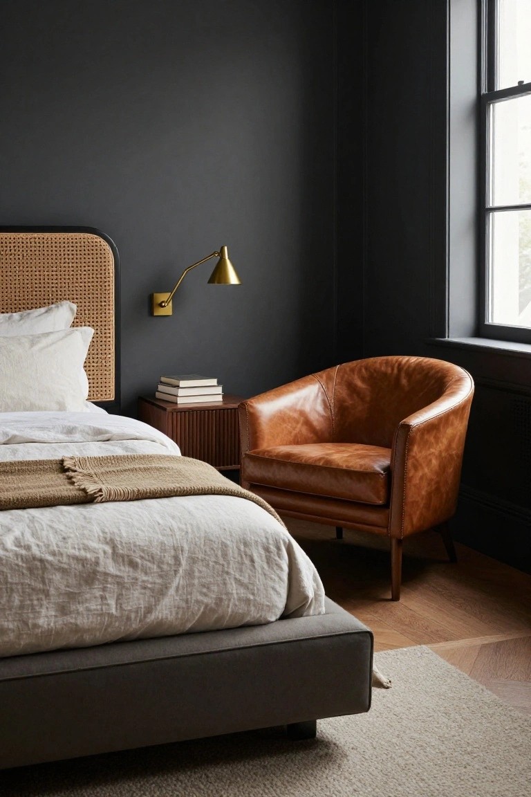 Corner view of a dark gray bedroom with rattan headboard bed dressed in white linens and tan throw, wooden credenza nightstand with stacked books, curved tan leather armchair, gold wall lamp, and parquet wood floor with cream rug.