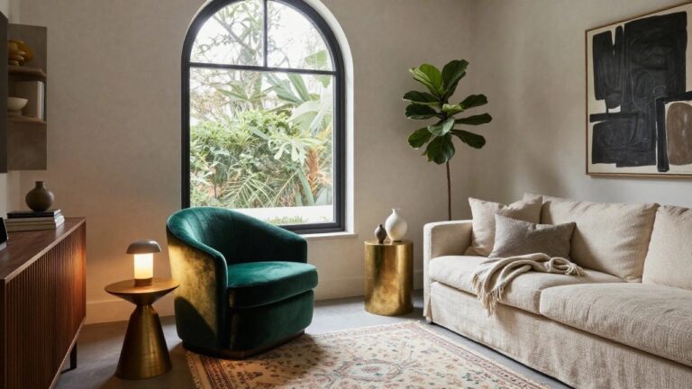 A green velvet armchair in a bright corner room with large arched window, fiddle leaf fig plant, abstract artwork on wall, wooden media console with books and vase, gold pedestal side table with orb lamp, gray throw blanket on chair, and patterned rug on wood floor.