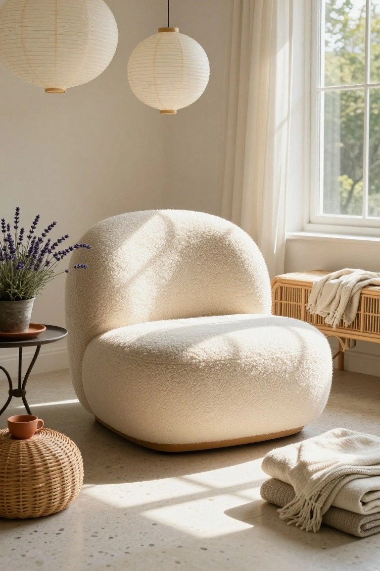Sunlit interior corner with fluffy cream boucle armchair, two hanging white paper lanterns, lavender plant on metal side table, rattan bench holding folded blankets, woven stool with terracotta mug, and white curtains at window.