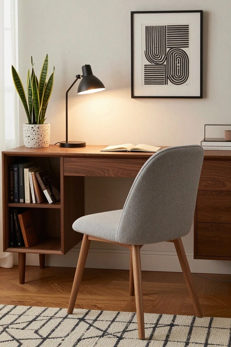 Modern wooden desk with gray chair, black lamp, books, and plant.
