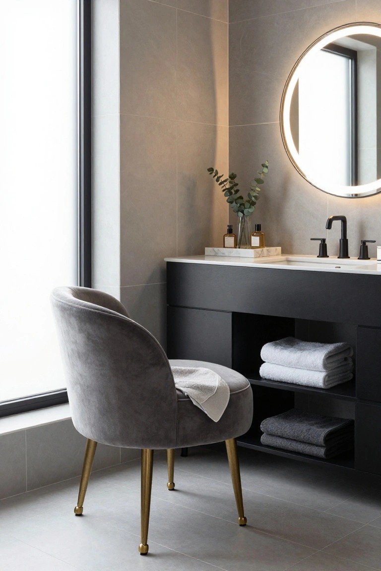 Contemporary bathroom with curved gray velvet chair on gold legs positioned beside open black vanity cabinet holding folded towels, white marble countertop with faucet, round backlit mirror, and eucalyptus sprig.