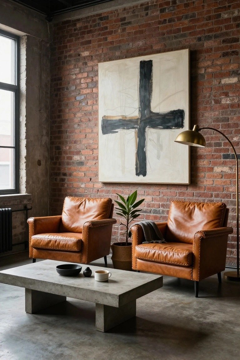 Two tan leather tufted armchairs in a brick-walled industrial room with a concrete coffee table, potted plant, abstract wall art, gold arc floor lamp, and large windows.
