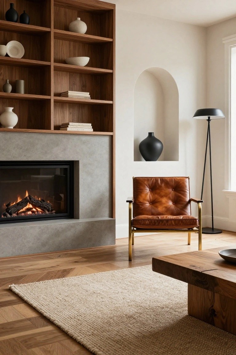 Modern living room interior with a tufted cognac leather armchair on brass legs positioned in front of a gray concrete gas fireplace flanked by wooden bookshelves filled with ceramics and books, a wooden coffee table on a beige rug, and oak herringbone floors.