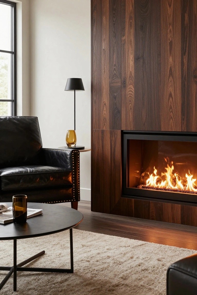 Modern living room with a black leather armchair and a lit fireplace.