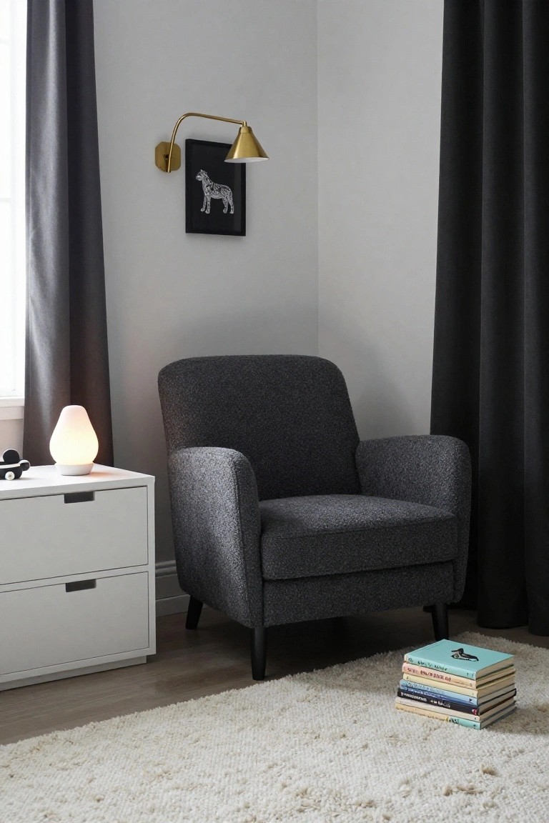 Gray textured armchair in a nursery corner next to a white two-drawer side table with a white lamp and Mickey Mouse toy, stacked children's books on a white rug, black curtains on windows, and black-framed zebra artwork on wall with gold wall sconce.