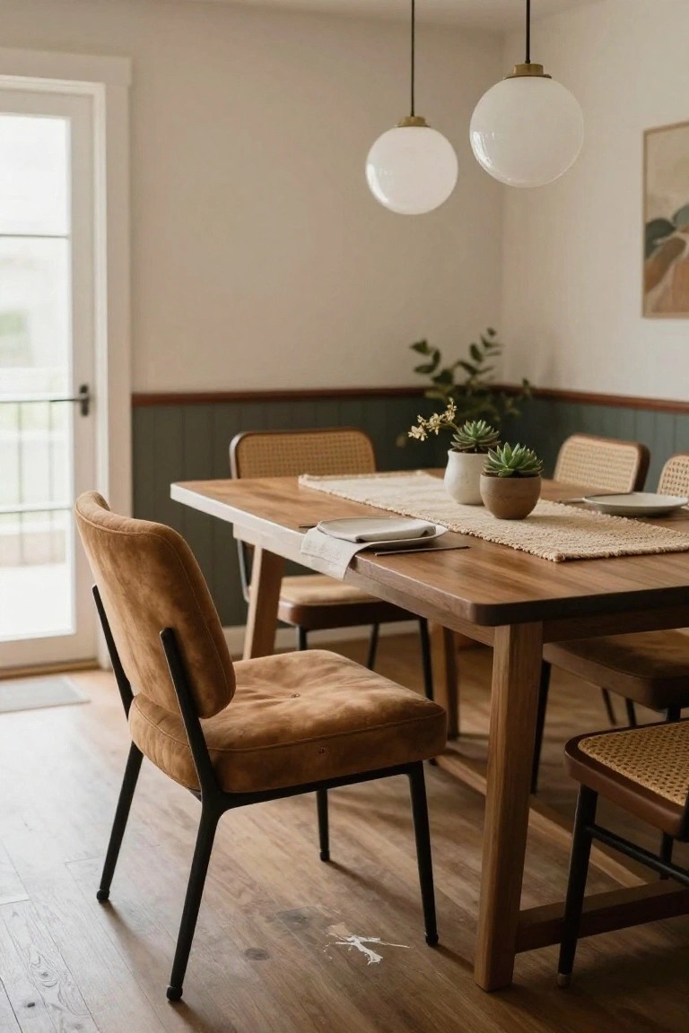 Dining room corner with wooden table, tan upholstered chair with black legs, rattan chairs, beige runner, plates, plants, pendant lights, and glass door.