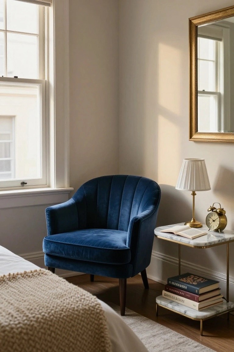 Blue velvet armchair beside marble side table with books and lamp.