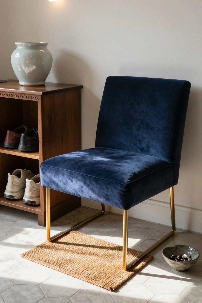 Navy blue velvet armchair with brass legs next to a wooden shoe rack and cabinet in a tiled entryway with a celadon vase on a side table and seagrass rug on the floor.