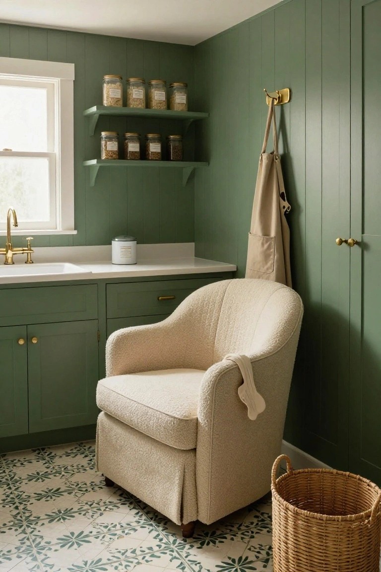 A cream tufted armchair with skirt sits beside green cabinets and a white sink countertop in a sage green paneled laundry room with shelves of jars, a hanging apron, wicker basket, and green-patterned floor tiles.