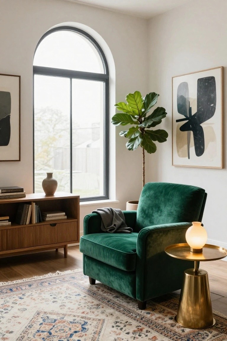 A green velvet armchair in a bright corner room with large arched window, fiddle leaf fig plant, abstract artwork on wall, wooden media console with books and vase, gold pedestal side table with orb lamp, gray throw blanket on chair, and patterned rug on wood floor.