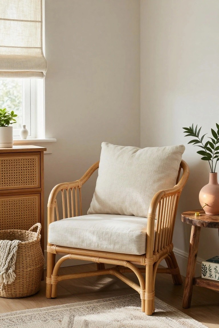 Beige rattan armchair with cream linen cushions in a light room corner, next to a cane-front wooden dresser, woven basket, plants in pots, and a small wooden side table with a pink vase.