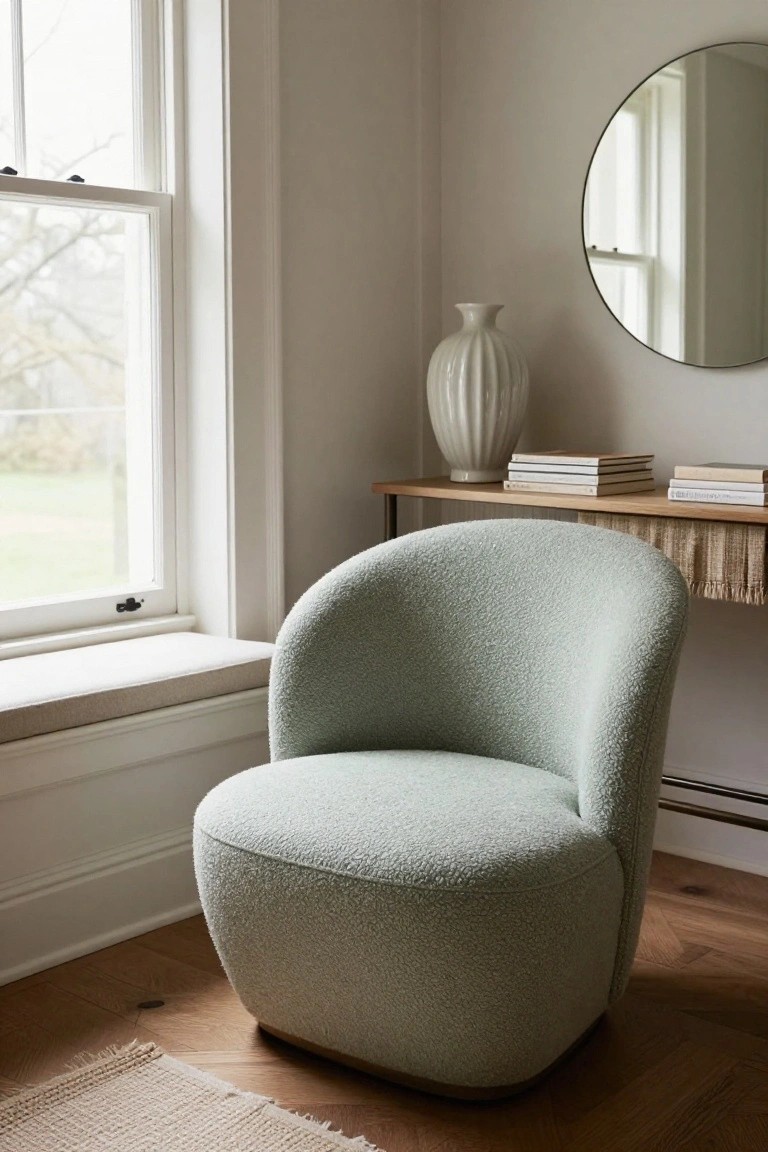 Mint green bouclé armchair beside a wooden console with books and vase.