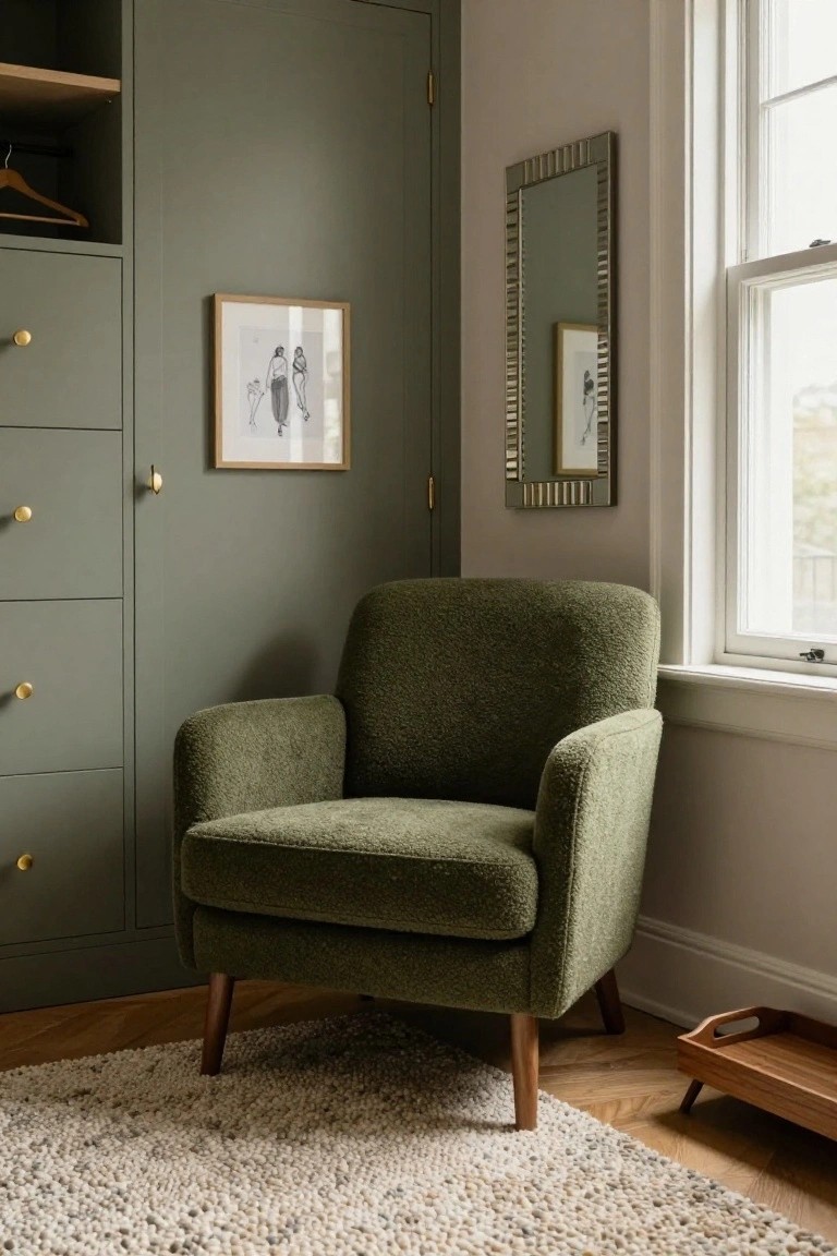 A green upholstered armchair with wooden legs in a room corner next to tall green cabinets, a beveled mirror, framed artwork, and a window, with a light rug and wooden tray on the floor.