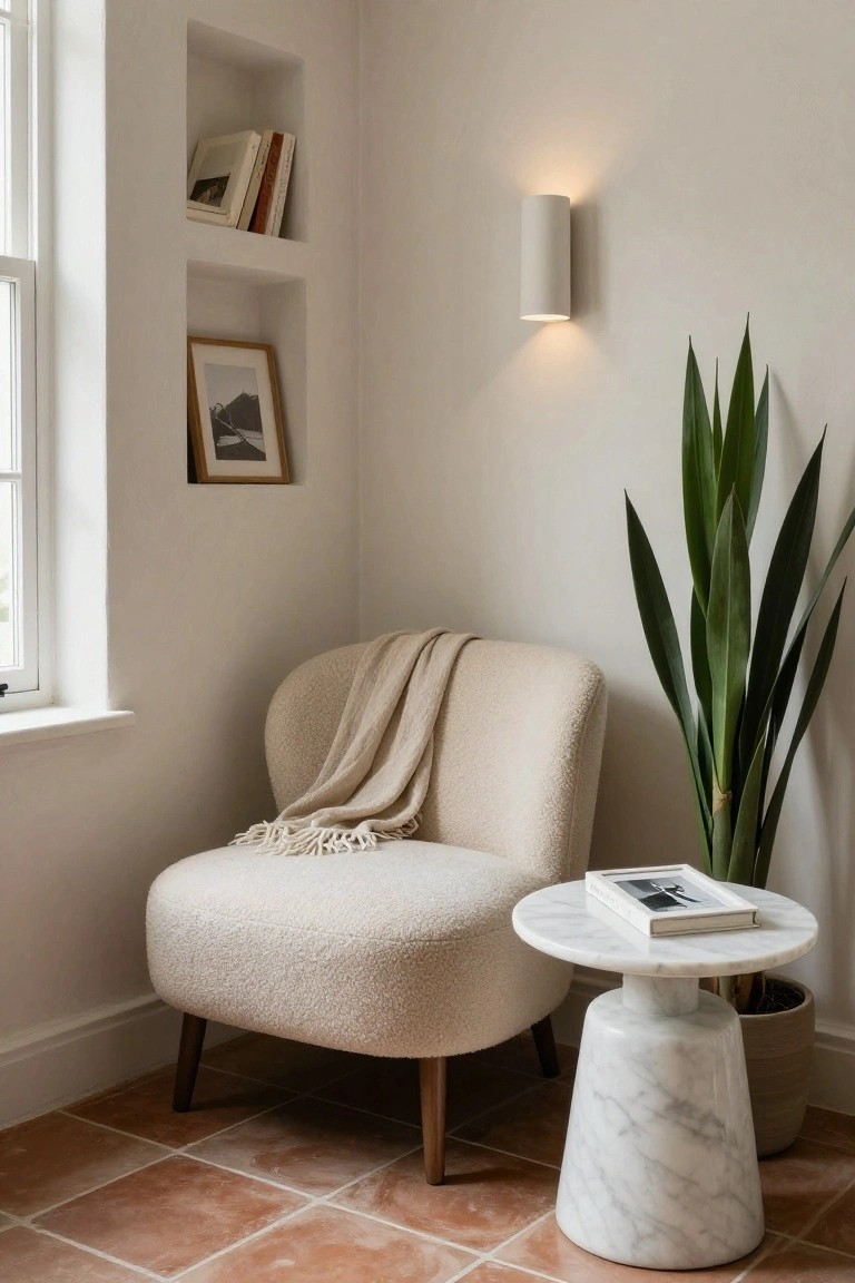 Cream bouclé armchair with beige fringed throw in a white-walled interior corner, beside a tall green leafy plant in a pot and a round white marble pedestal side table holding a book, with built-in shelves, a wall light, and a framed photo nearby on terracotta tile floor.