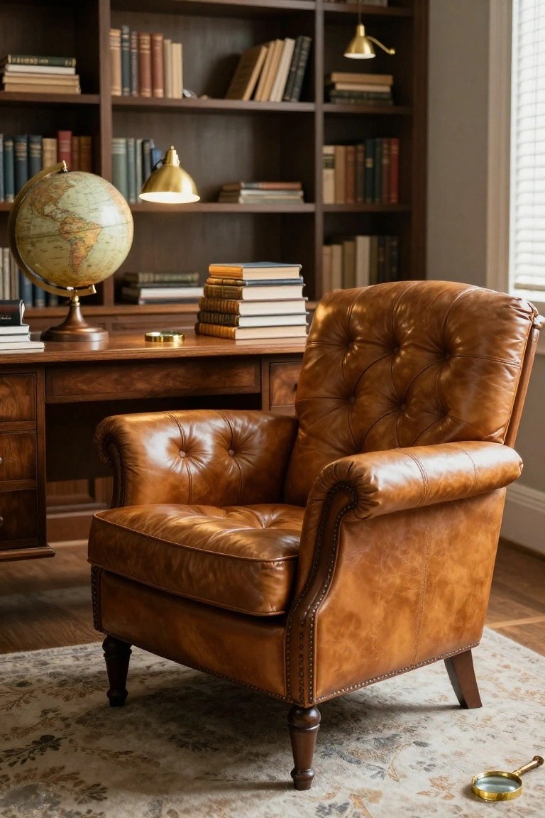 Tan tufted leather armchair with wooden legs beside a wooden desk in a wood-paneled study room with bookshelves, stacked books, globe, brass lamps, and magnifying glass on a patterned rug.