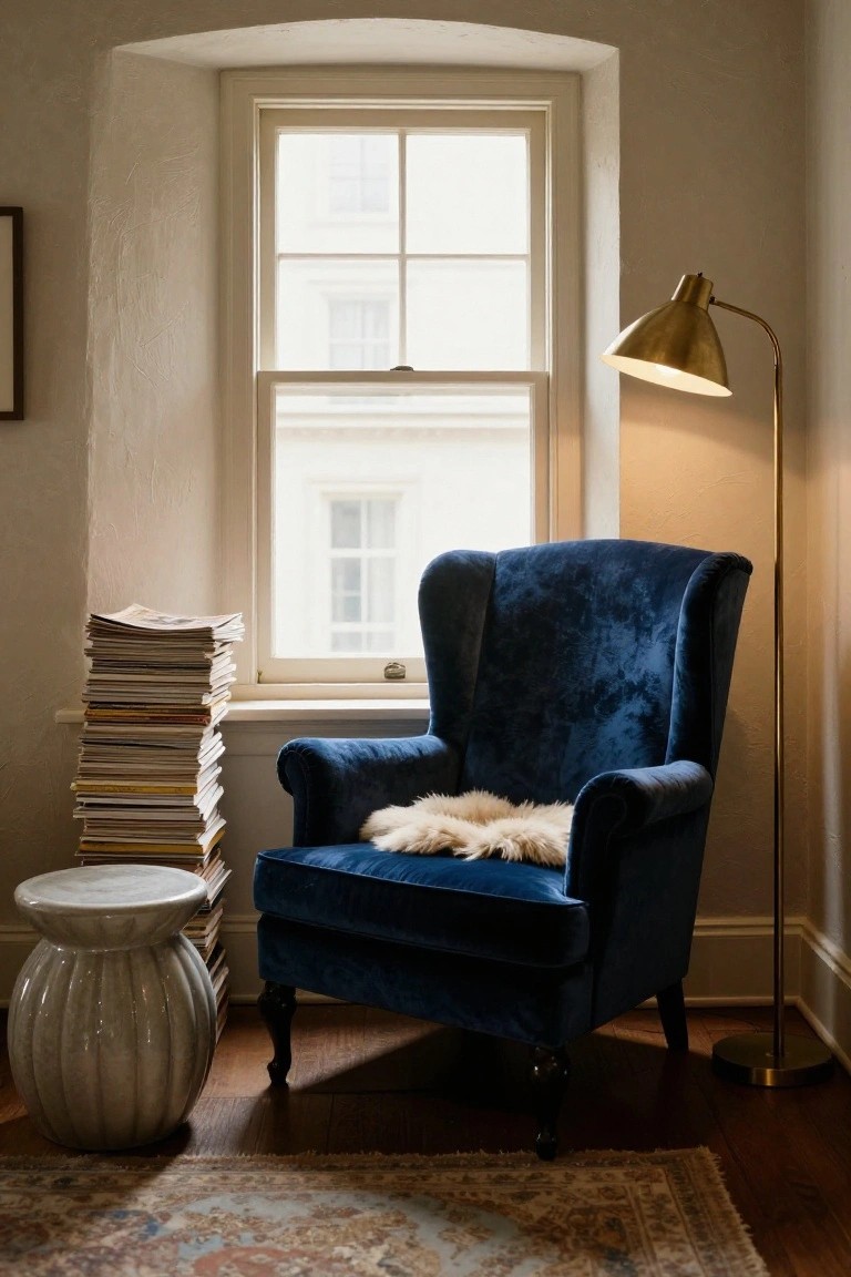 Blue velvet wingback armchair with sheepskin throw in a beige corner room by a tall window, stacks of magazines on a white pedestal table, brass arc floor lamp, and Persian rug on wood floor.