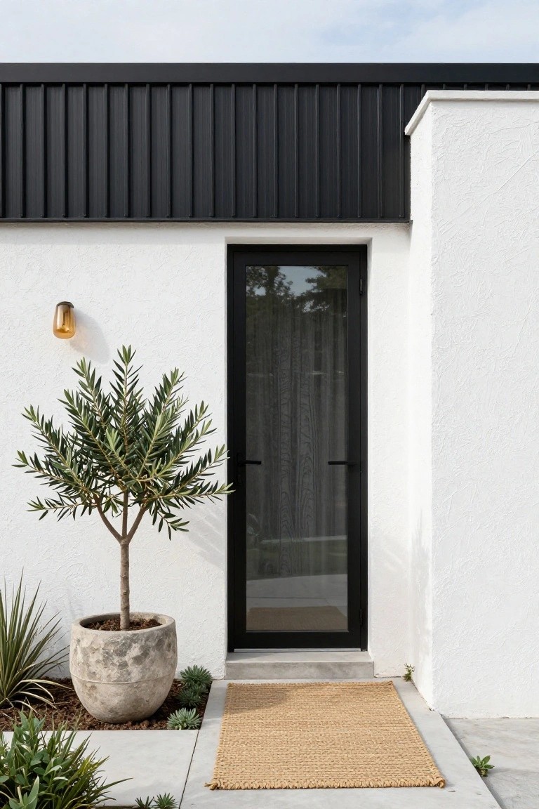 Modern house entry with black corrugated metal cladding above white rendered walls, black-framed glass door, potted olive tree in stone pot, agave plants, seagrass doormat on concrete path, and wall-mounted amber light.